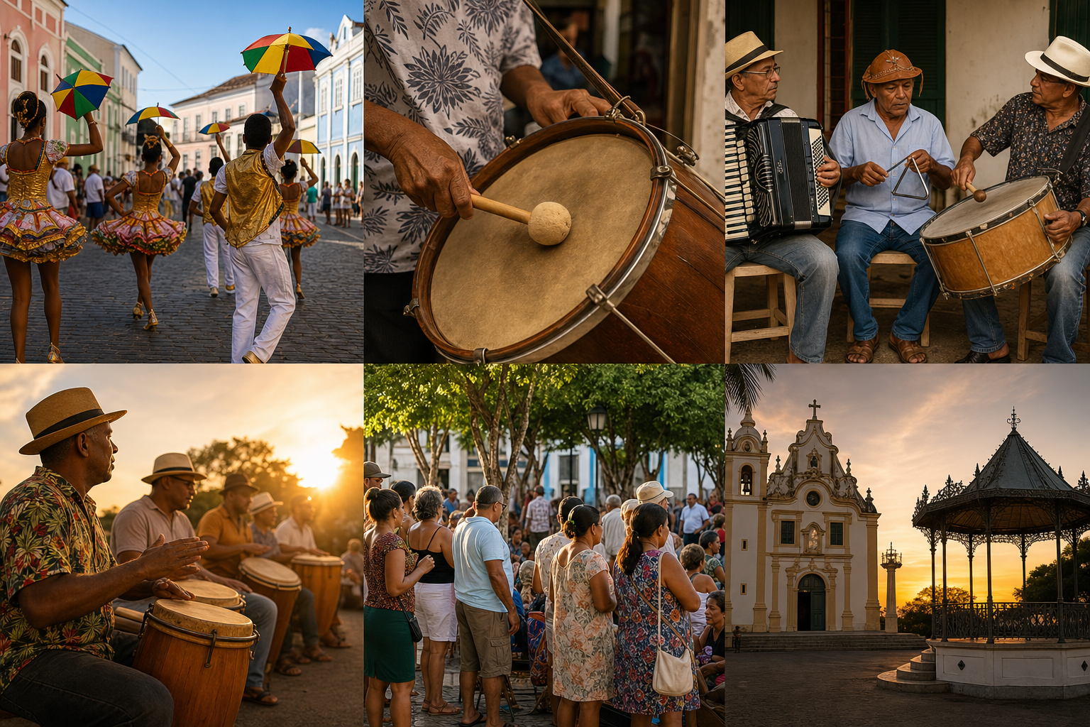 Dançarinos de frevo com sombrinhas coloridas em uma rua histórica